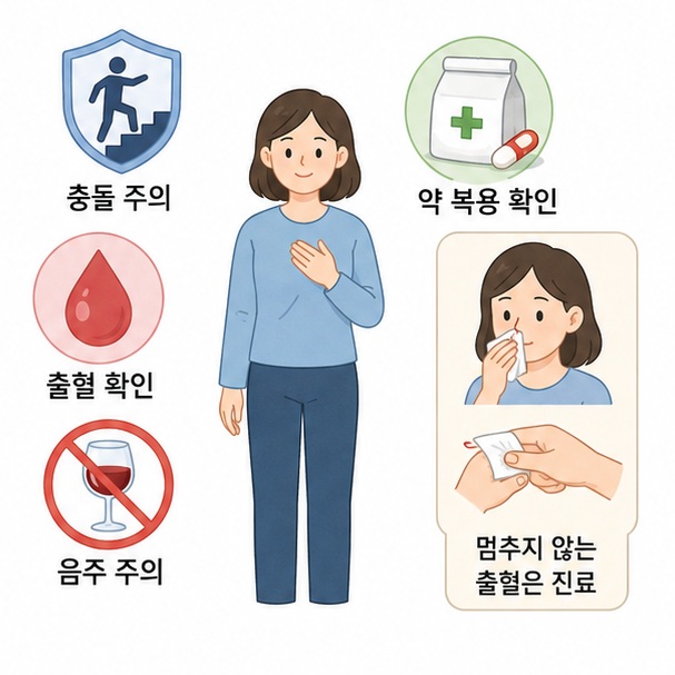 혈소판 수치가 낮을 때 출혈과 충돌 위험, 약 복용 주의를 확인하는 이미지
