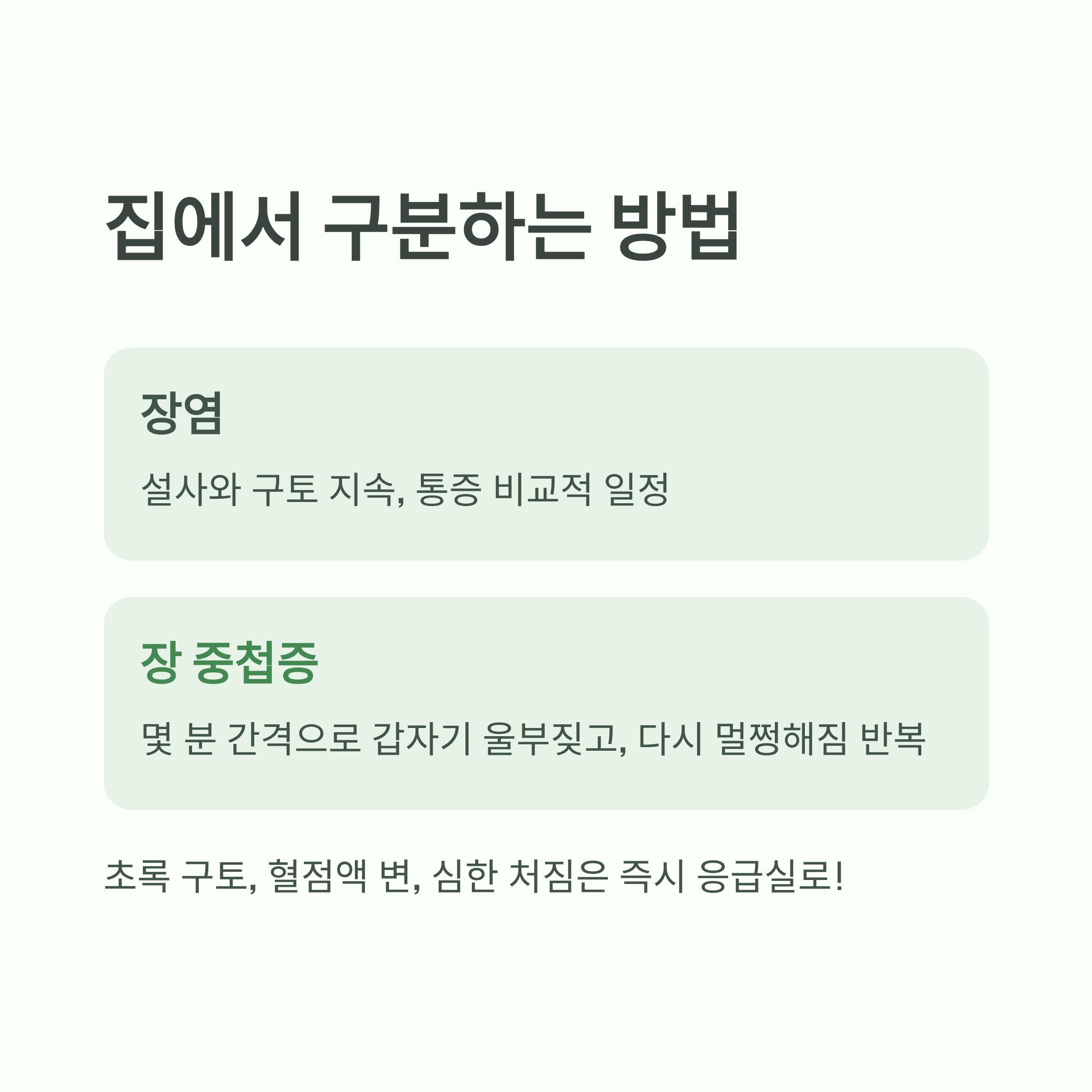 장염과 장 중첩증을 구분하는 방법을 정리한 비교표 이미지