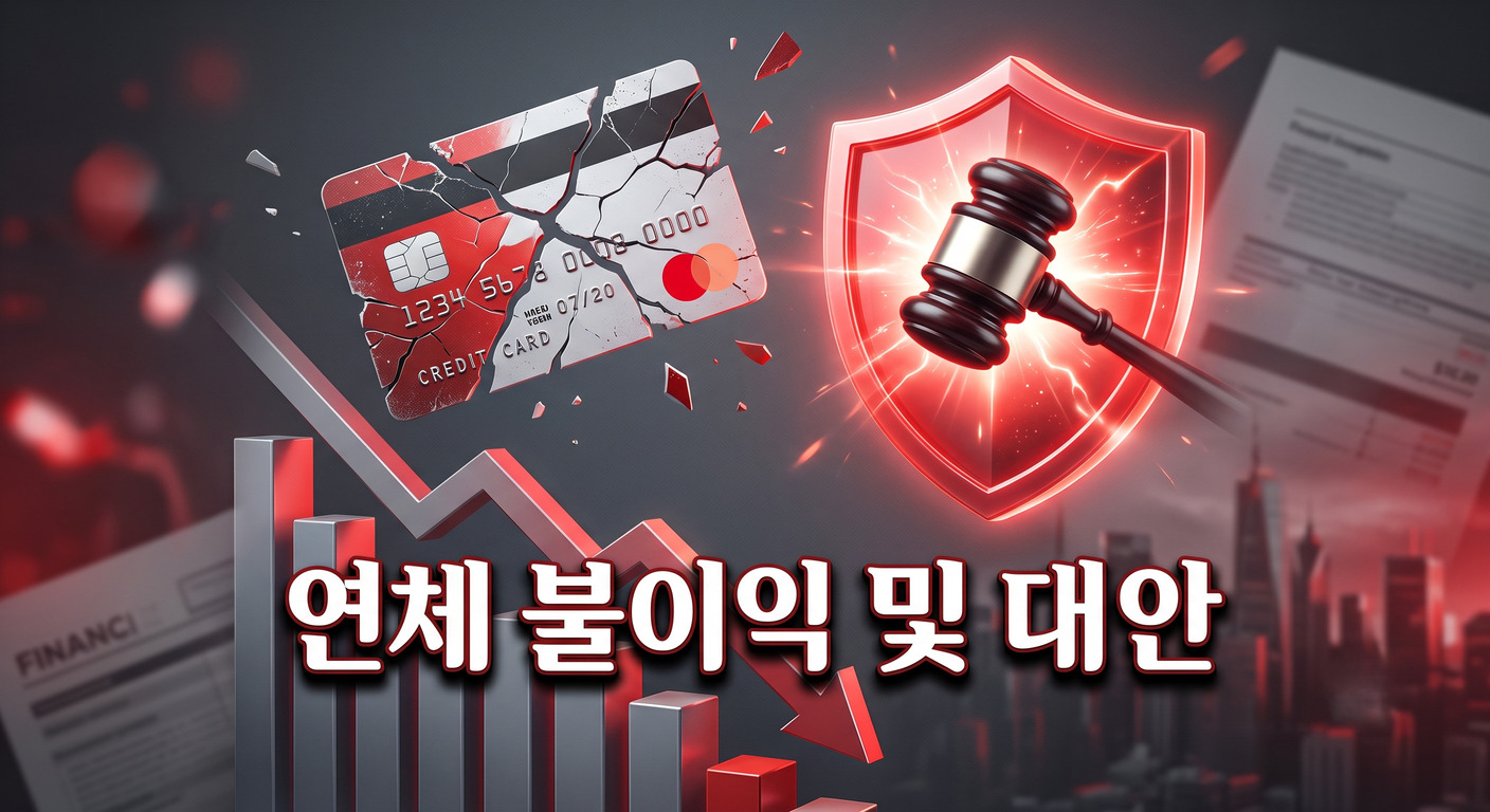 금이 간 신용카드가 하락하는 그래프 위에 떠 있고, 그 옆으로 채무조정 대안을 상징하는 빛나는 붉은색 방패와 법봉이 놓인 3D 일러스트 배경에, 짙은 그림자와 외곽선으로 선명하게 강조된 '연체 불이익 및 대안'이라는 한글 문구가 중앙에 적힌 이미지