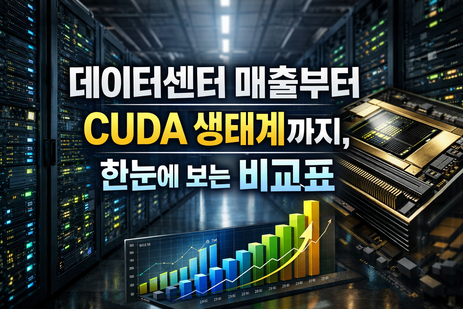 데이터센터 서버 랙과 GPU 칩, 성장 그래프를 배경으로 엔비디아와 AMD의 AI 데이터센터 매출과 CUDA 생태계를 비교한 이미지