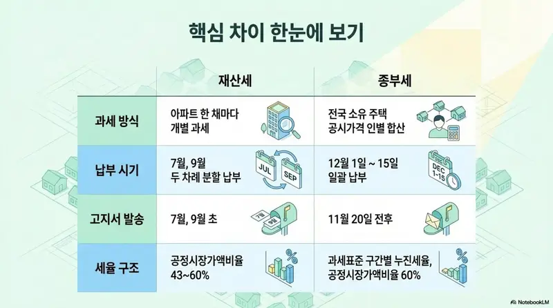 종부세 과세대상: 재산세와 종부세의 핵심 차이를 과세 방식&amp;#44; 납부 시기&amp;#44; 고지서 발송 시기&amp;#44; 세율 구조 네 가지 항목으로 나란히 비교한 표 형태의 인포그래픽. 재산세는 7월&middot;9월 분할 납부&amp;#44; 종부세는 12월 1~15일 일괄 납부임을 시각적으로 전달하는 이미지 