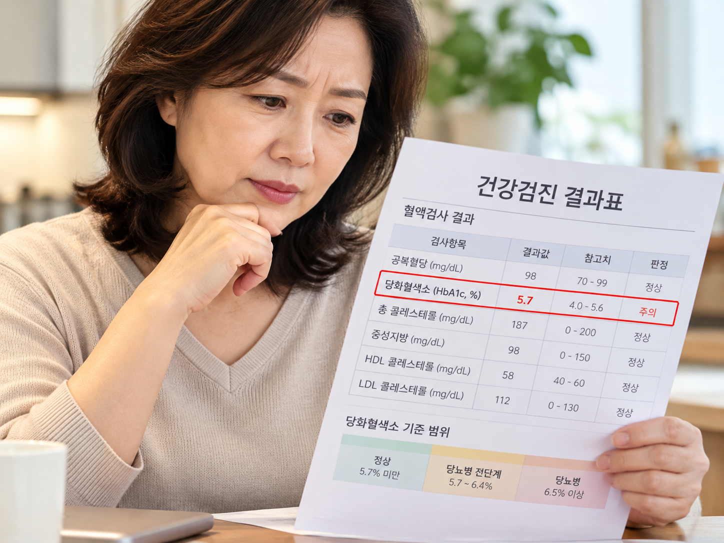 건강검진 결과표에서 당화혈색소 수치를 확인하는 중년 여성의 이미지