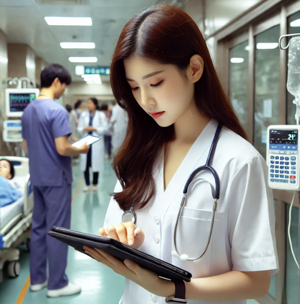 간병료를 계산하고 있는 간호사의 모습. 