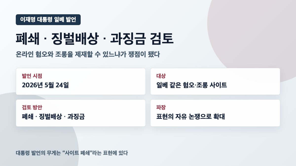 이재명 대통령 일베 폐쇄 징벌배상 과징금 검토 발언 요약 카드