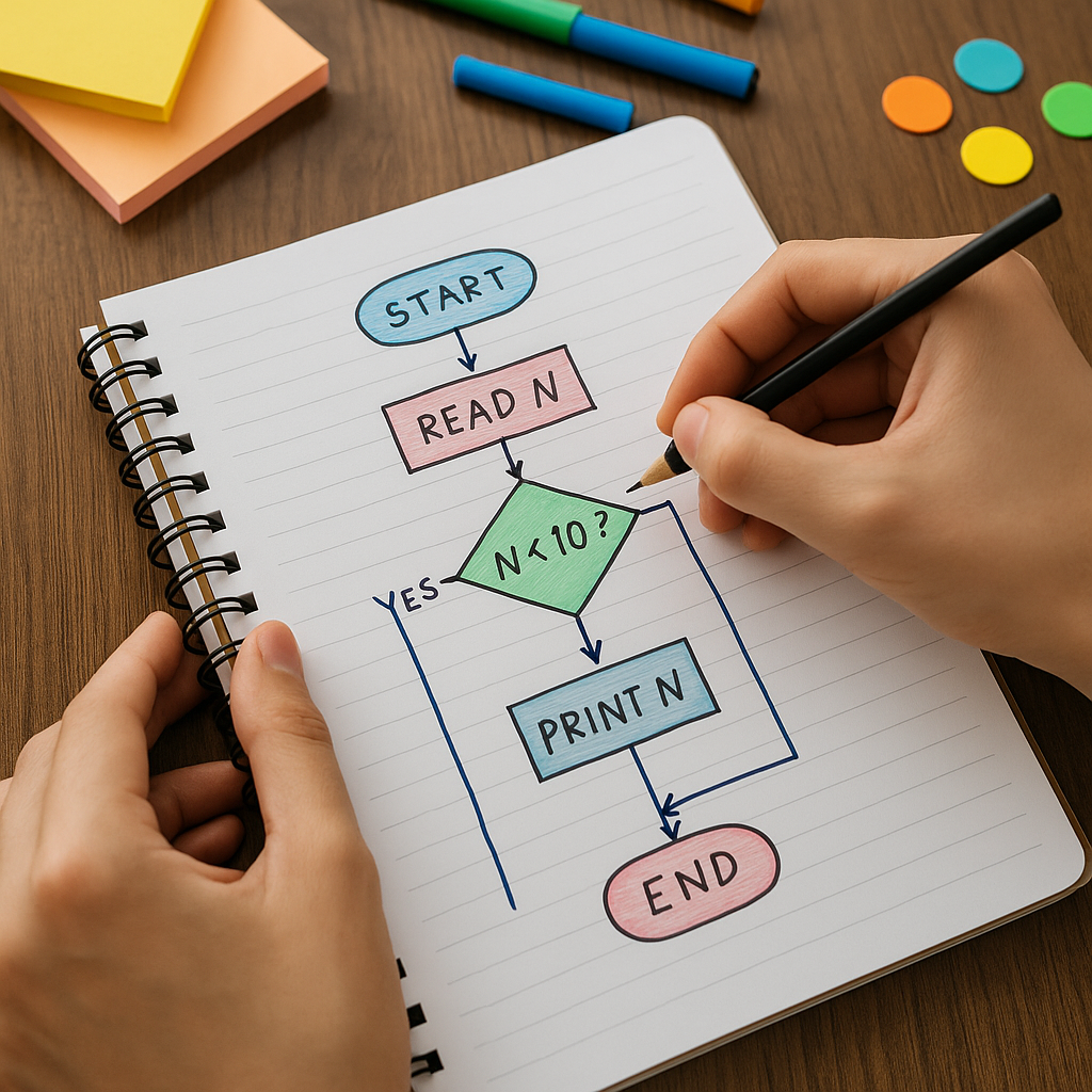 손으로 직접 설계한 알고리즘 흐름도를 노트에 정리하는 모습