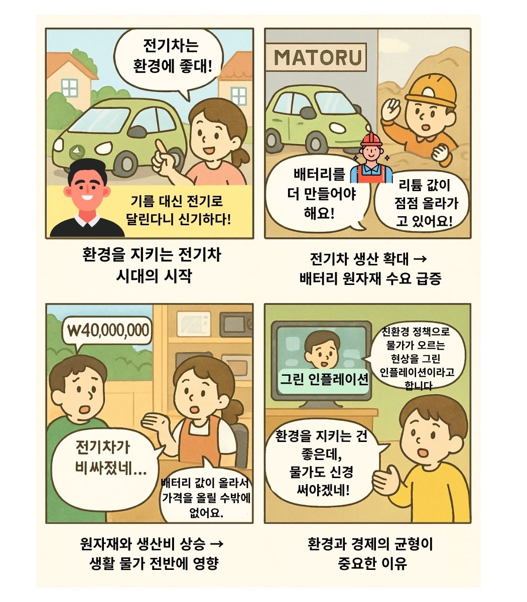 전기차가 많아질수록 물가가 오르는 이유를 설명하는 4컷 경제 교육 만화