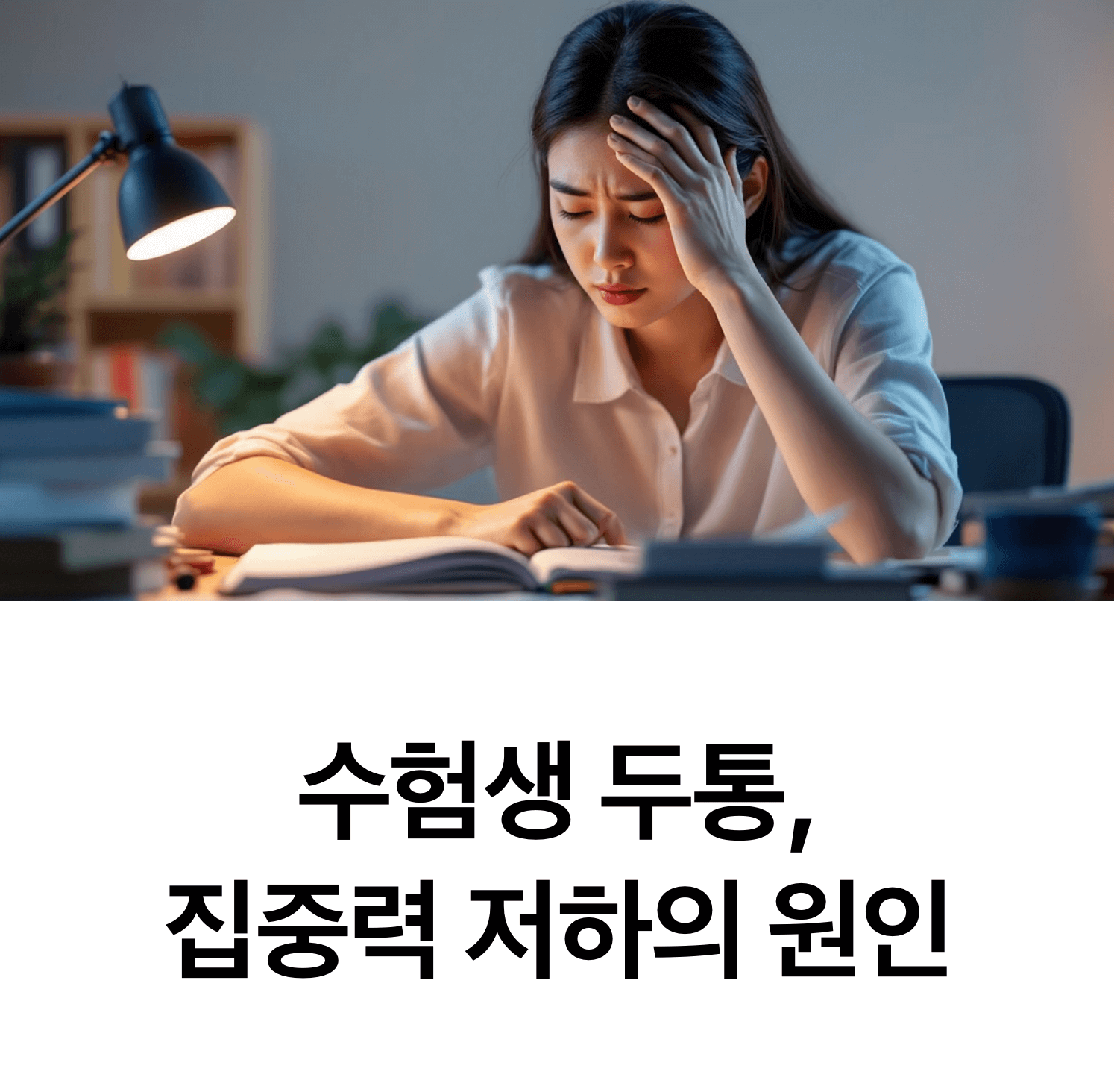 이마에 손을 얹고 두통 기색을 보이며 공부 중인 스트레스를 받은 한국인 학생, 따뜻한 조명, 책들로 어지러운 책상