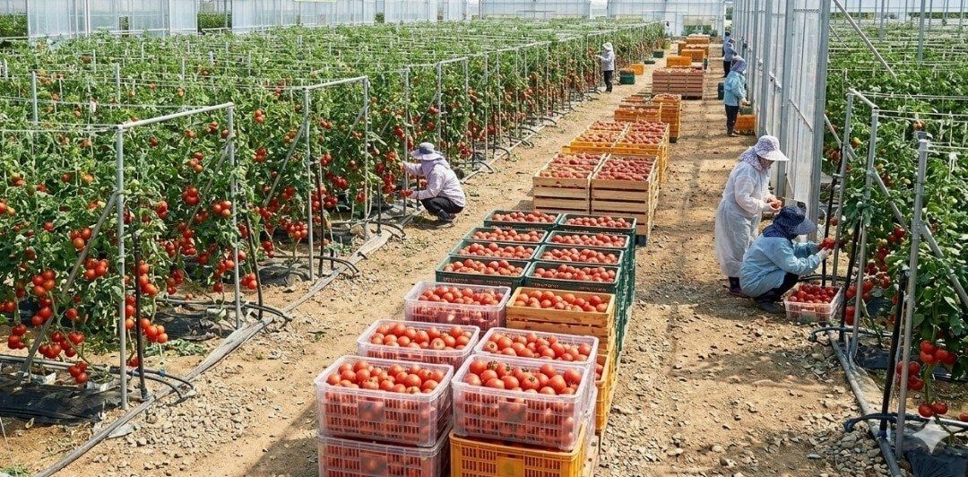 토마토를 수확하고 정리하는 한국 시설재배 현장 이미지