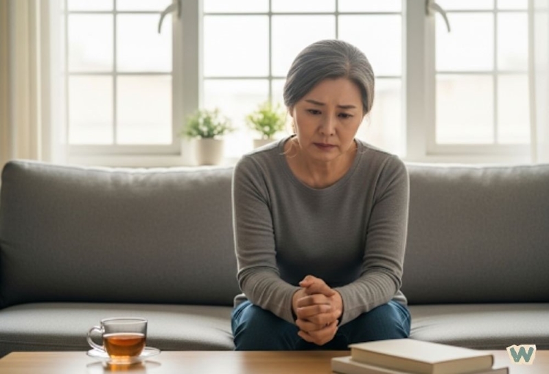 소파에 앉아 우울한 표정으로 생각하는 중년 여성 via canva