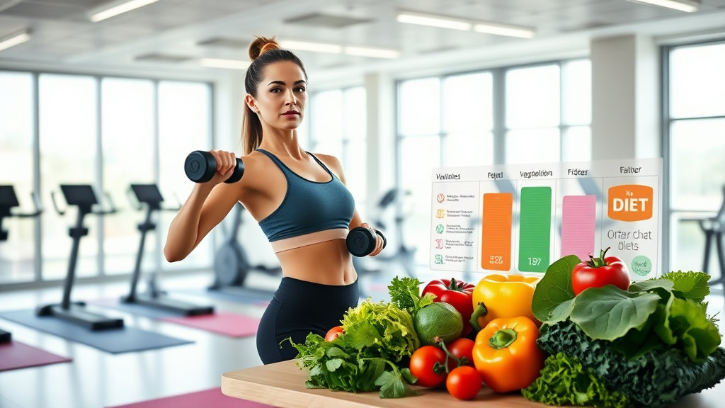 운동하는 건강한 여성과 채소 사진