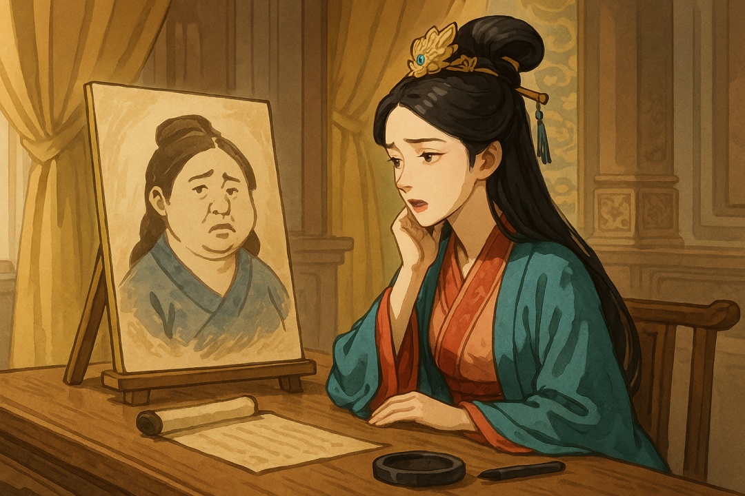 전통 의상을 입은 왕소군이 궁중의 테이블에 앉아 초상화를 바라보며 고민하는 장면. 초상화 속 인물은 실제보다 못생기게 그려졌으며, 주변에는 붓과 종이 등 화실 도구가 배치되어 있다.
