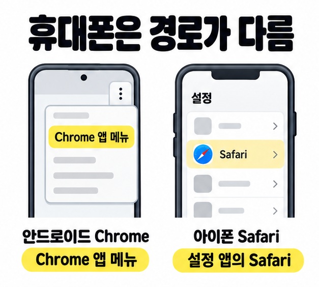 안드로이드 Chrome의 앱 메뉴와 아이폰 설정 앱의 Safari를 휴대폰 화면으로 비교한 삭제 경로 안내