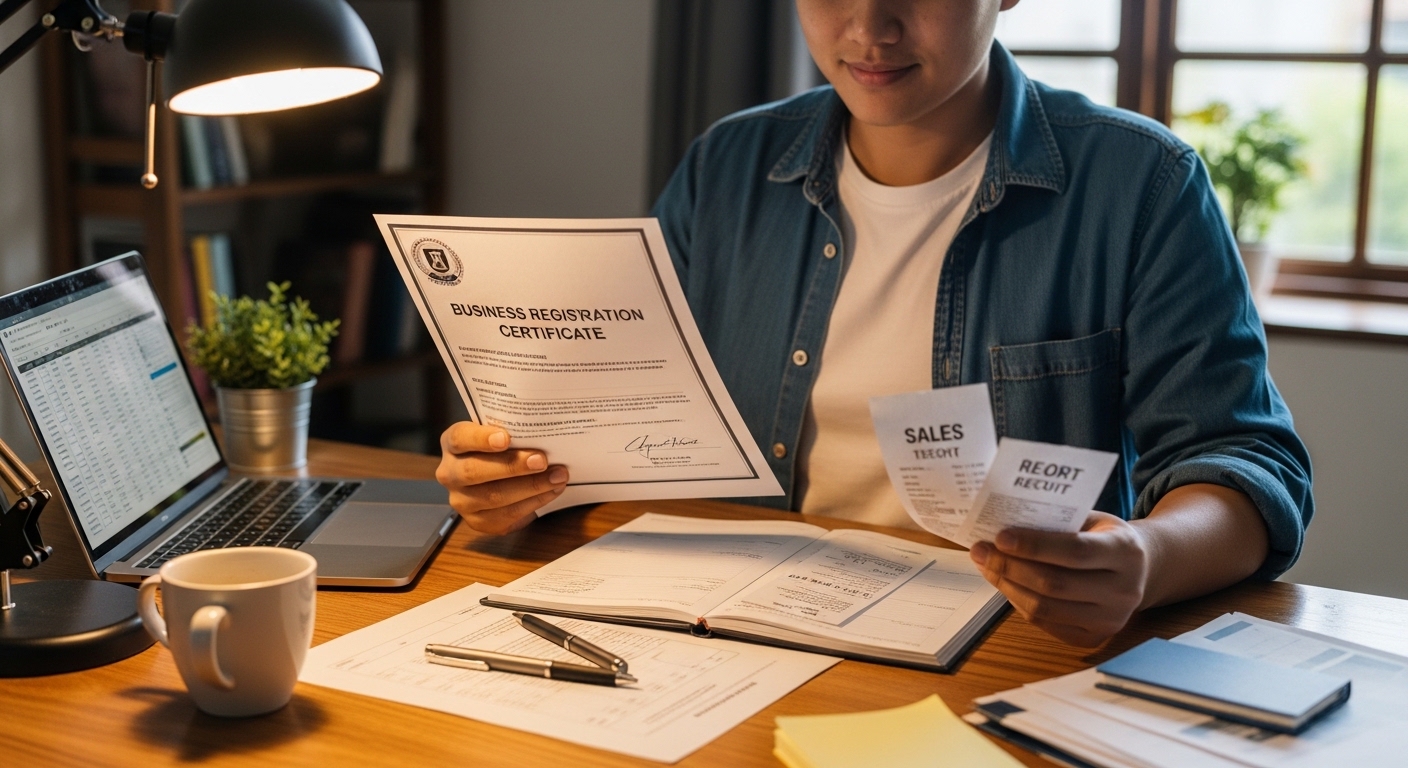 사업자등록증과 매출 증빙 서류를 정리하는 자영업자 모습