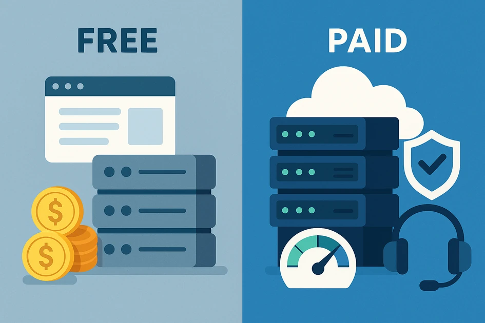 무료 웹호스팅과 유료 웹호스팅을 좌우로 비교해 서버, 코인, 클라우드, 보안 아이콘, 고객지원 헤드셋을 배치한 일러스트 썸네일