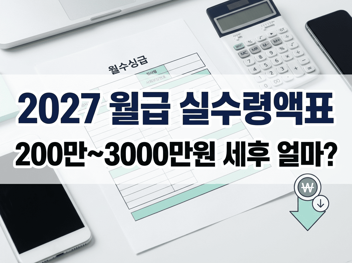 계산기와 급여명세서가 놓인 책상 위에 2027 월급 실수령액표 문구가 표시된 이미지
