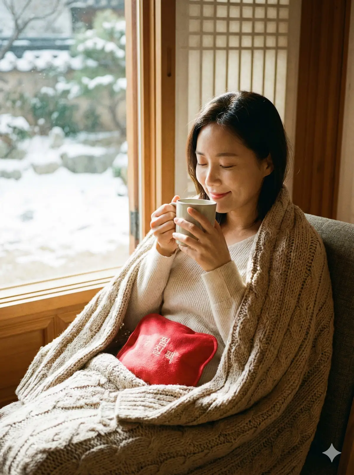 따뜻한 차를 마시며 담요를 덮고 편안하게 휴식하는 모습
