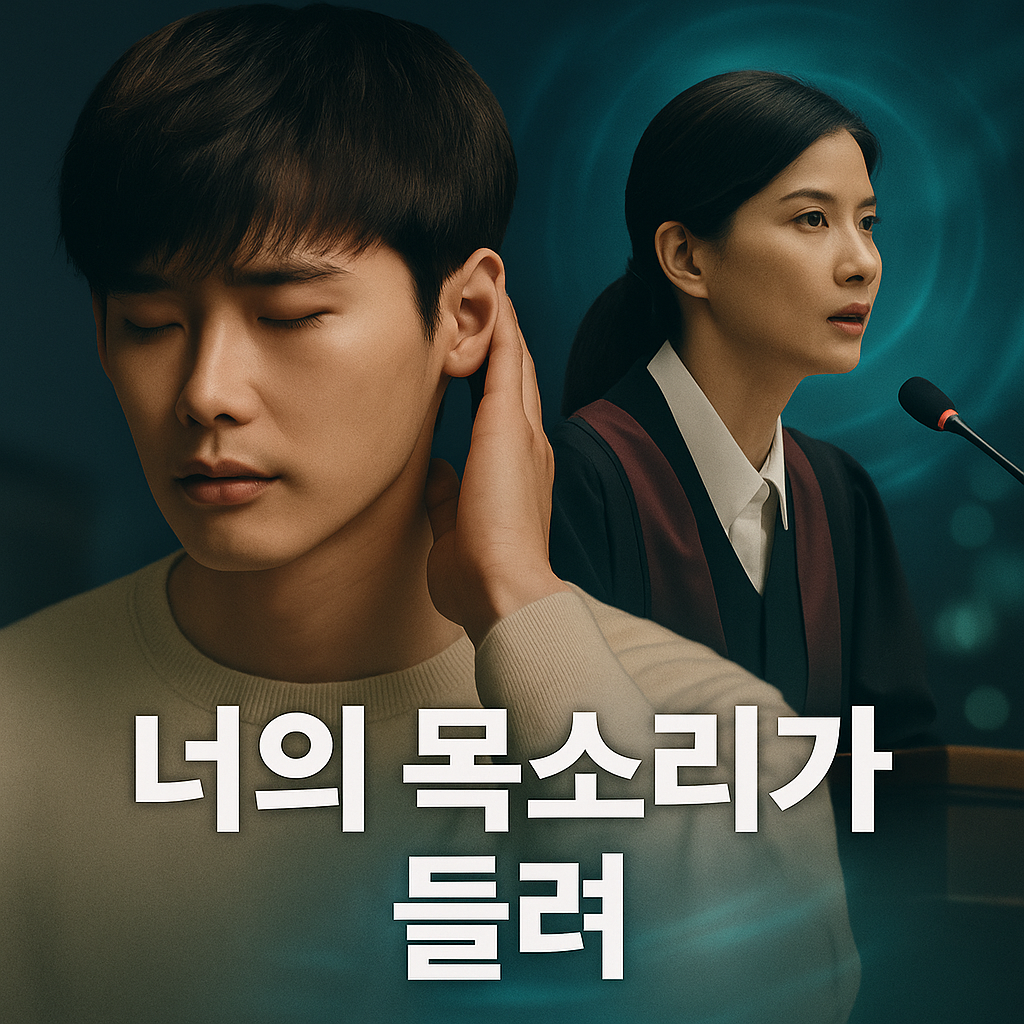 너의 목소리가 들려’ 박수하와 장혜성의 모습이 오버랩된 법정 배경의 판타지 로맨스 이미지