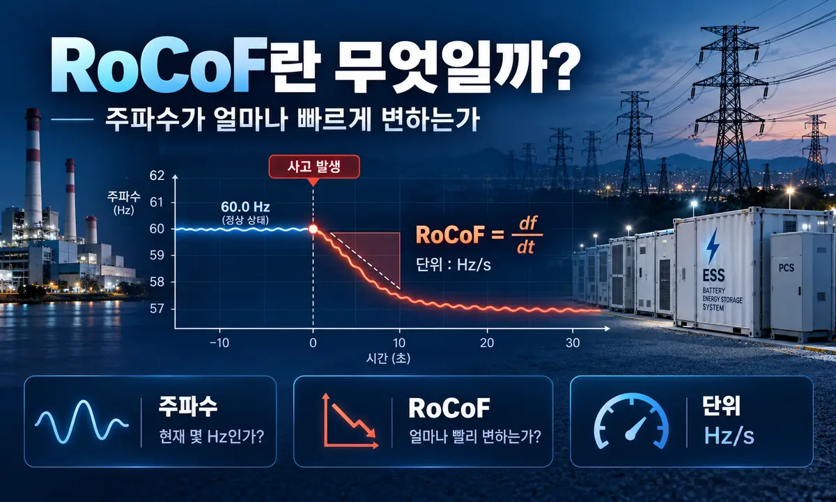 RoCoF와 전력계통 주파수 변화율을 설명하는 인포그래픽