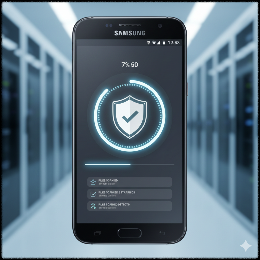 스마트폰에서 모바일 백신으로 스파이웨어를 검사하는 모습