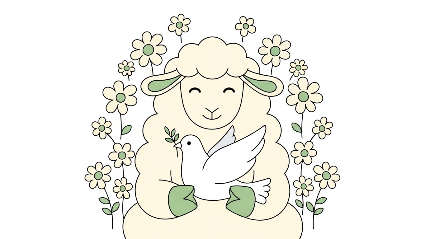 꽃들에 둘러싸여 평화의 상징인 비둘기를 들고 온화하게 미소 짓는 양 캐릭터 일러스트