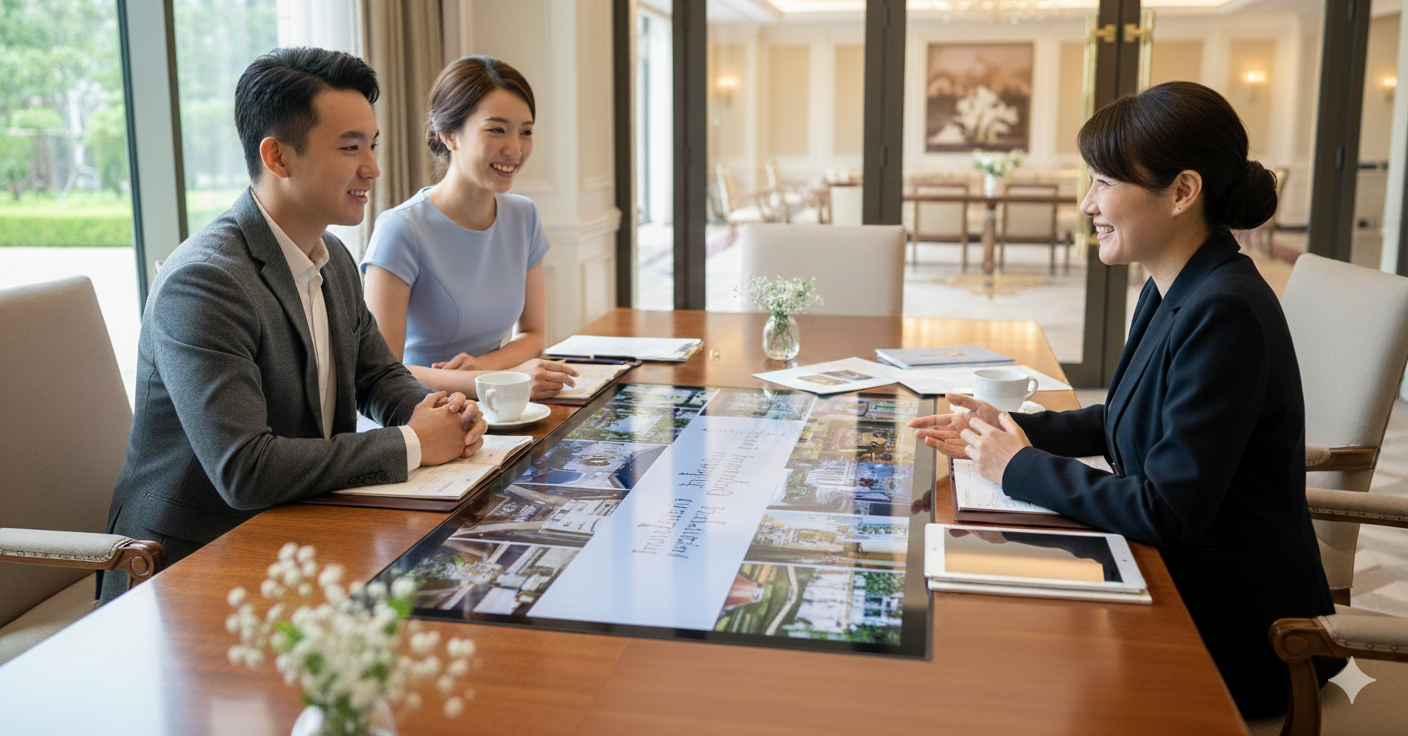 예비 부부가 웨딩 플래너와 함께 테이블에서 결혼식을 상담하는 모습