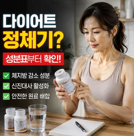 다이어트 정체기를 극복하기 위해 체지방 감소 보조제 성분표를 꼼꼼히 확인하고 있는 모습