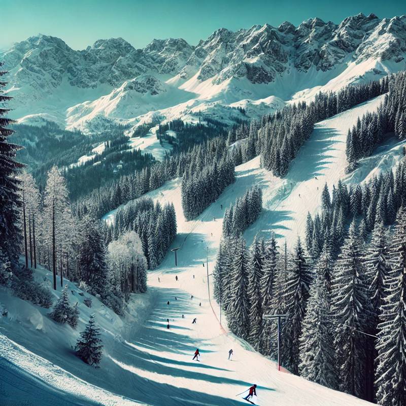 A scenic ski slope winding through a mountain forest, 숲 속의 스키 슬로프