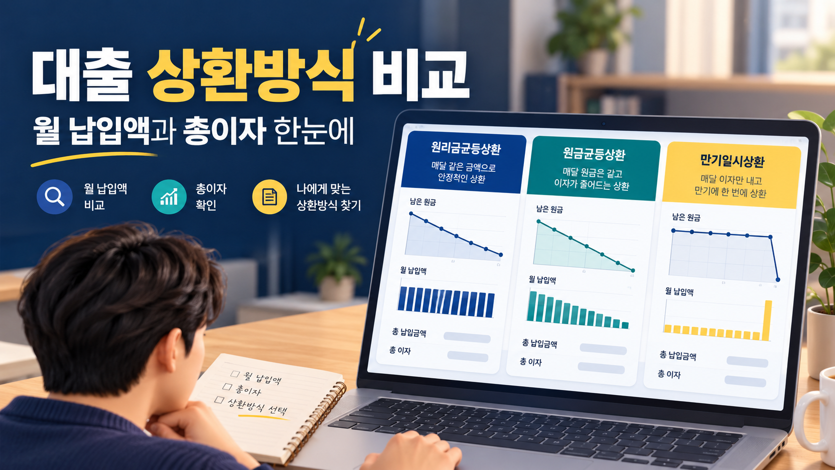 대출 상환방식 비교 계산기 - 원리금균등&middot;원금균등&middot;만기일시 총이자 비교