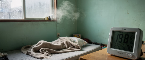 추운 겨울 아파트 실내와 온도계