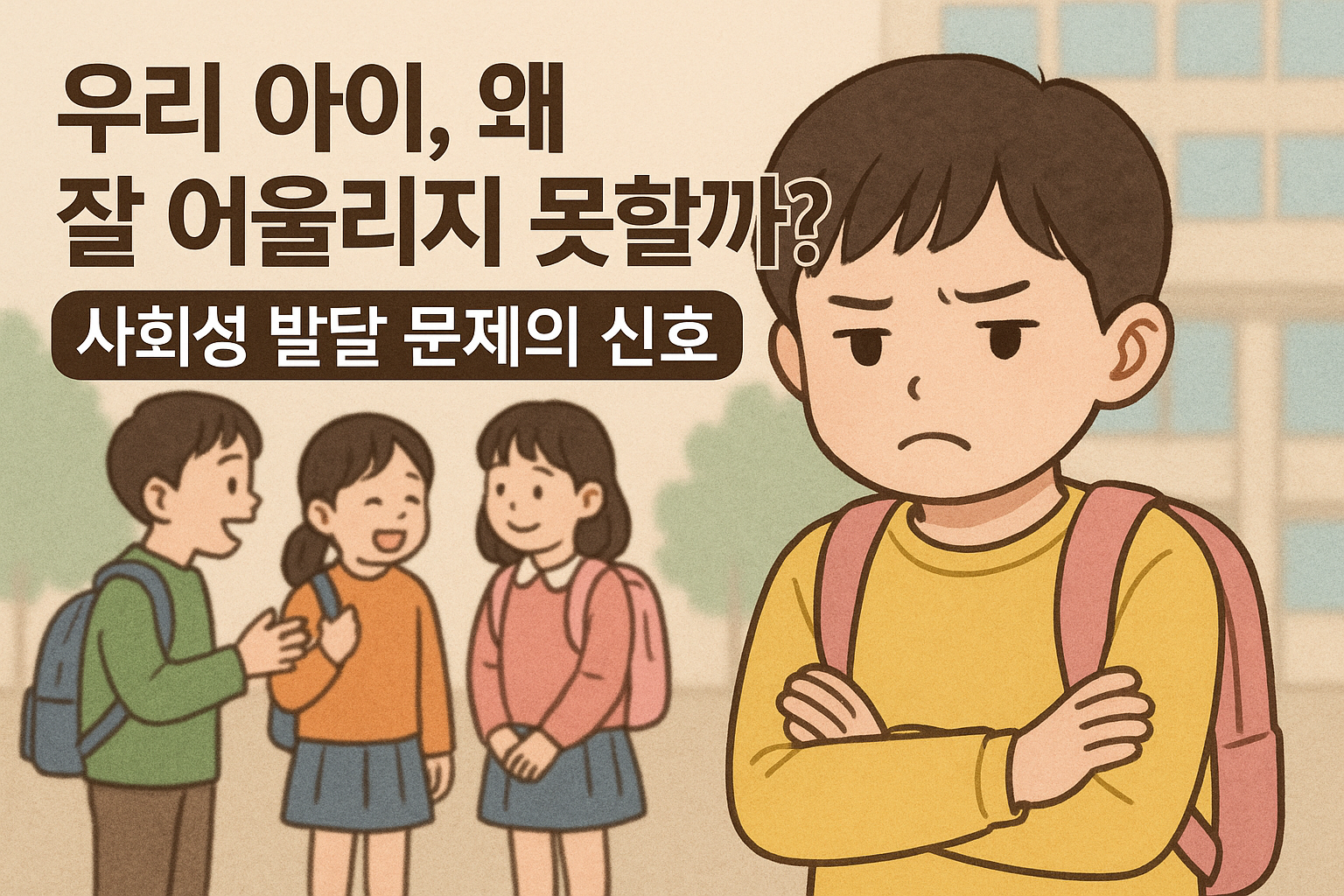 학교 놀이터에서 또래와 어울리지 못하고 혼자 서 있는 아이의 모습