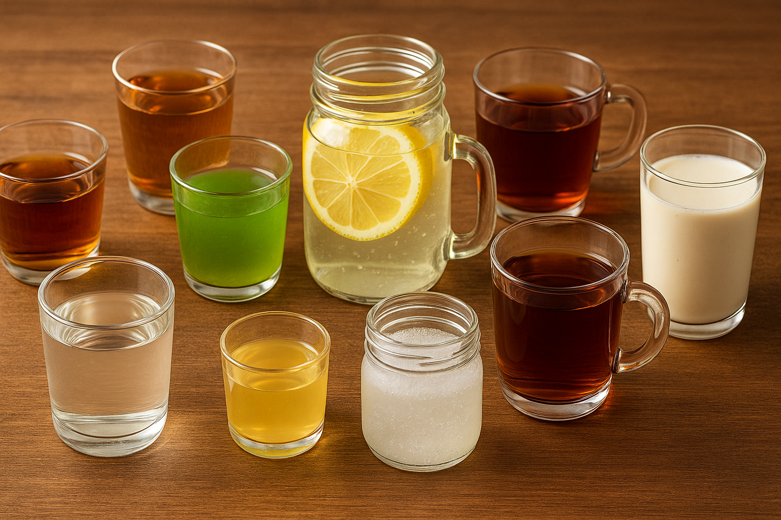 레몬수, 보리차, 우롱차, 녹차, 캐모마일차, 알로에 주스, 미지근한 물, 탄산수, 두유, 단백질 음료 등 10가지 다이어트 음료가 각각의 잔과 병에 담겨 있는 모습