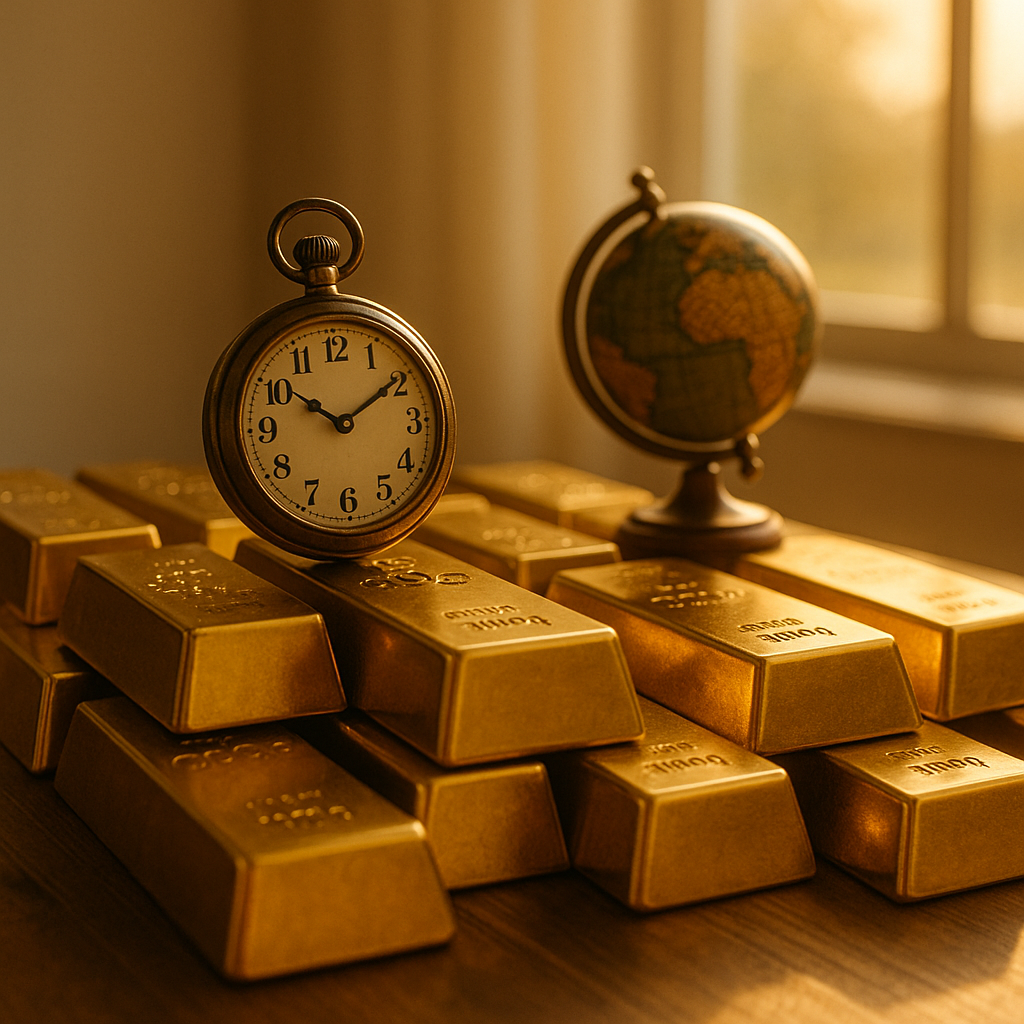 금괴 더미 위에 시계와 지구본이 놓인 모습, 따뜻한 햇살이 비추는 장면으로 금값 4000달러 시대와 돈의 가치 변화를 상징