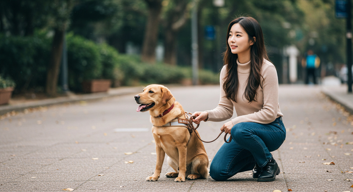 시각장애인과 보조견이 함께있는 이미지
