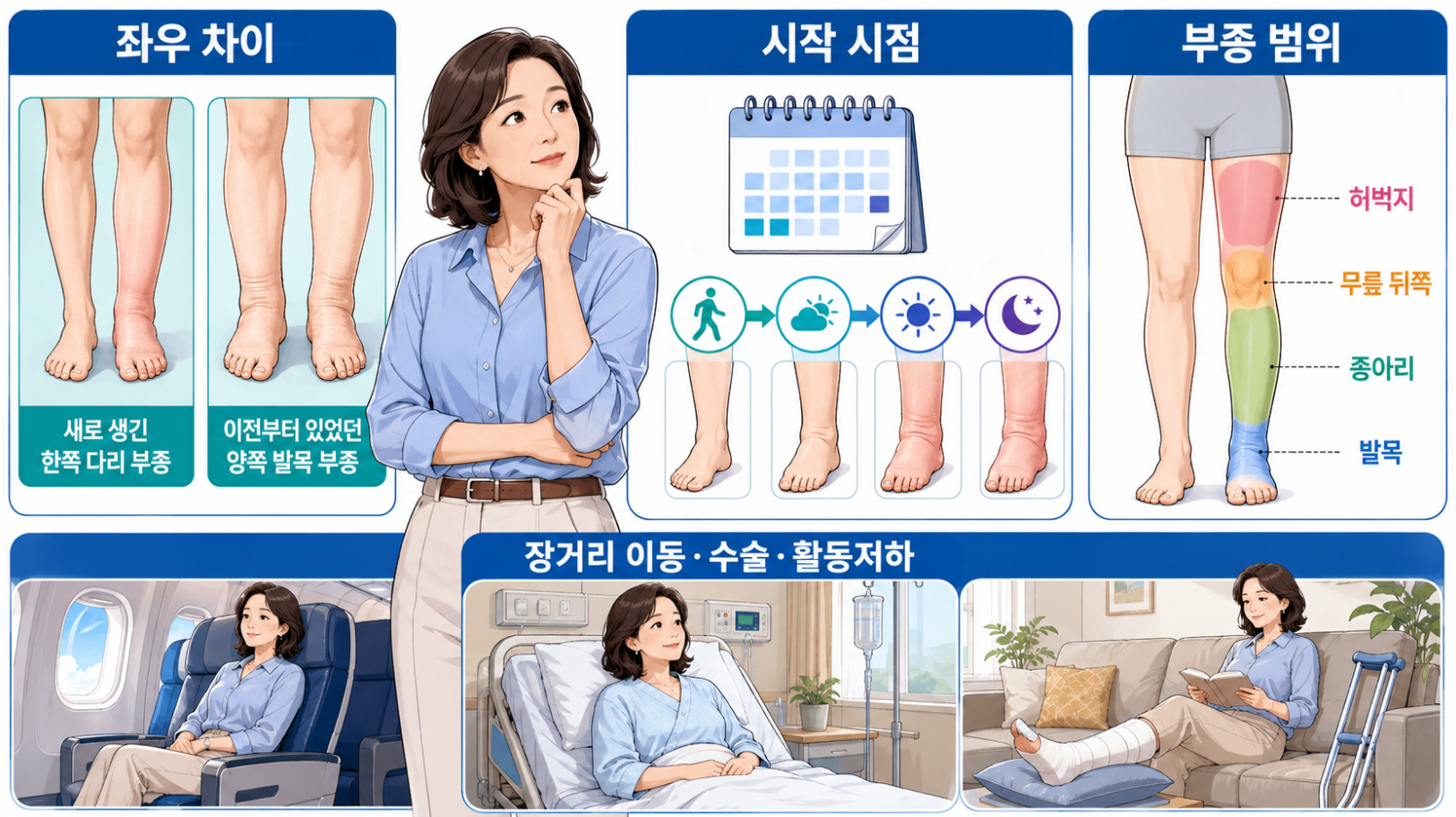 한쪽 다리 부종의 좌우 차이와 시작 시점, 부종 범위, 장거리 이동&middot;수술&middot;활동저하를 정리한 이미지
