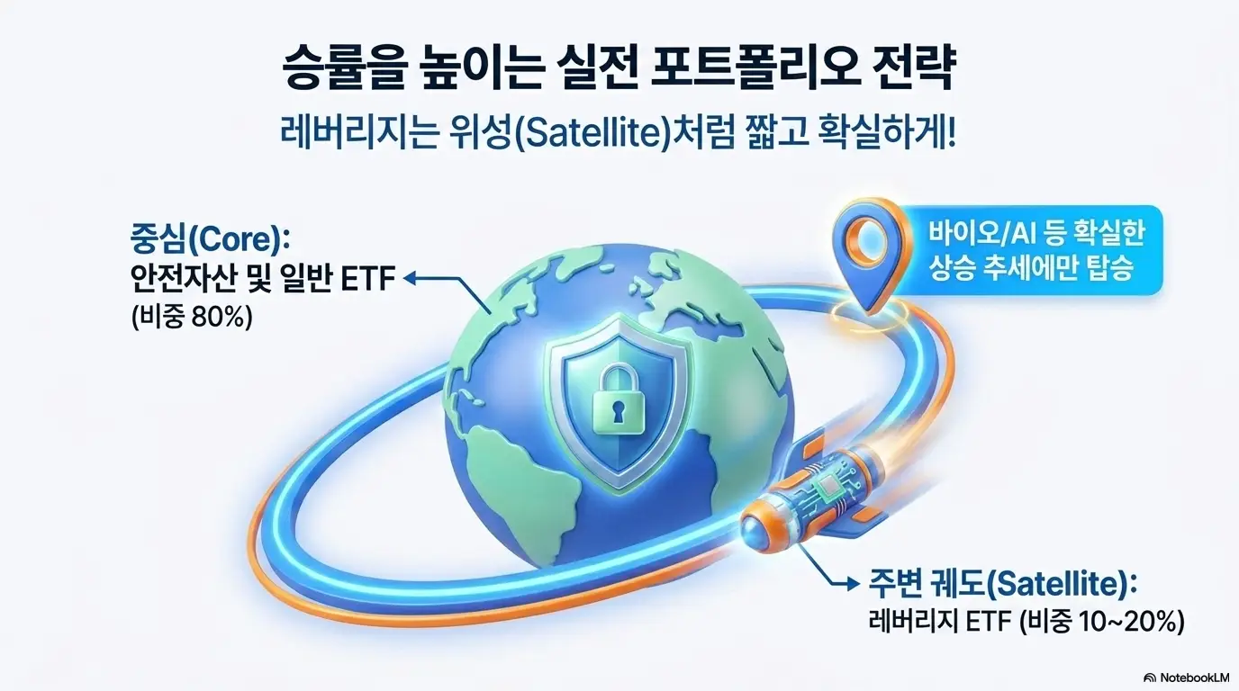 코스닥 레버리지 ETF 비교: 승률을 높이는 실전 포트폴리오 전략이라는 문구와 함께 핵심 자산인 안전자산 및 일반 ETF 비중 80%를 중심에 두고 주변 궤도에 레버리지 ETF 비중 10%에서 20%를 위성 전략으로 배치하는 구조를 지구본과 위성 일러스트로 표현한 인포그래픽 이미지. 이 이미지는 코스닥 레버리지 ETF의 포트폴리오 편입 비중과 위성 전략을 시각적으로 전달하며 블로그의 코스닥 레버리지 ETF 투자 전략과 관련된 내용을 설명함