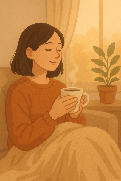 포근한 담요를 덮고 따뜻한 차를 마시며 쉬는 모습 사진