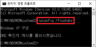 명령 프롬프트 DNS 캐시 초기화 ipconfig flushdns 실행