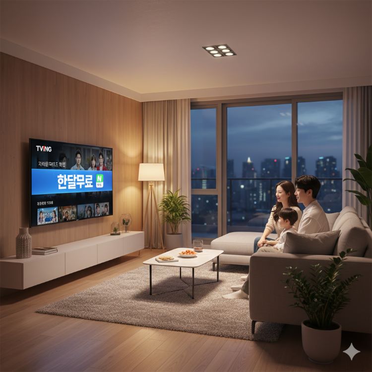 한국의 가정에서 스마트 TV로 티빙을 시청하는 모습, 초점은 화면에 한달무료 배너와 네이버플러스 혜택 아이콘, 분위기는 밝고 현대적