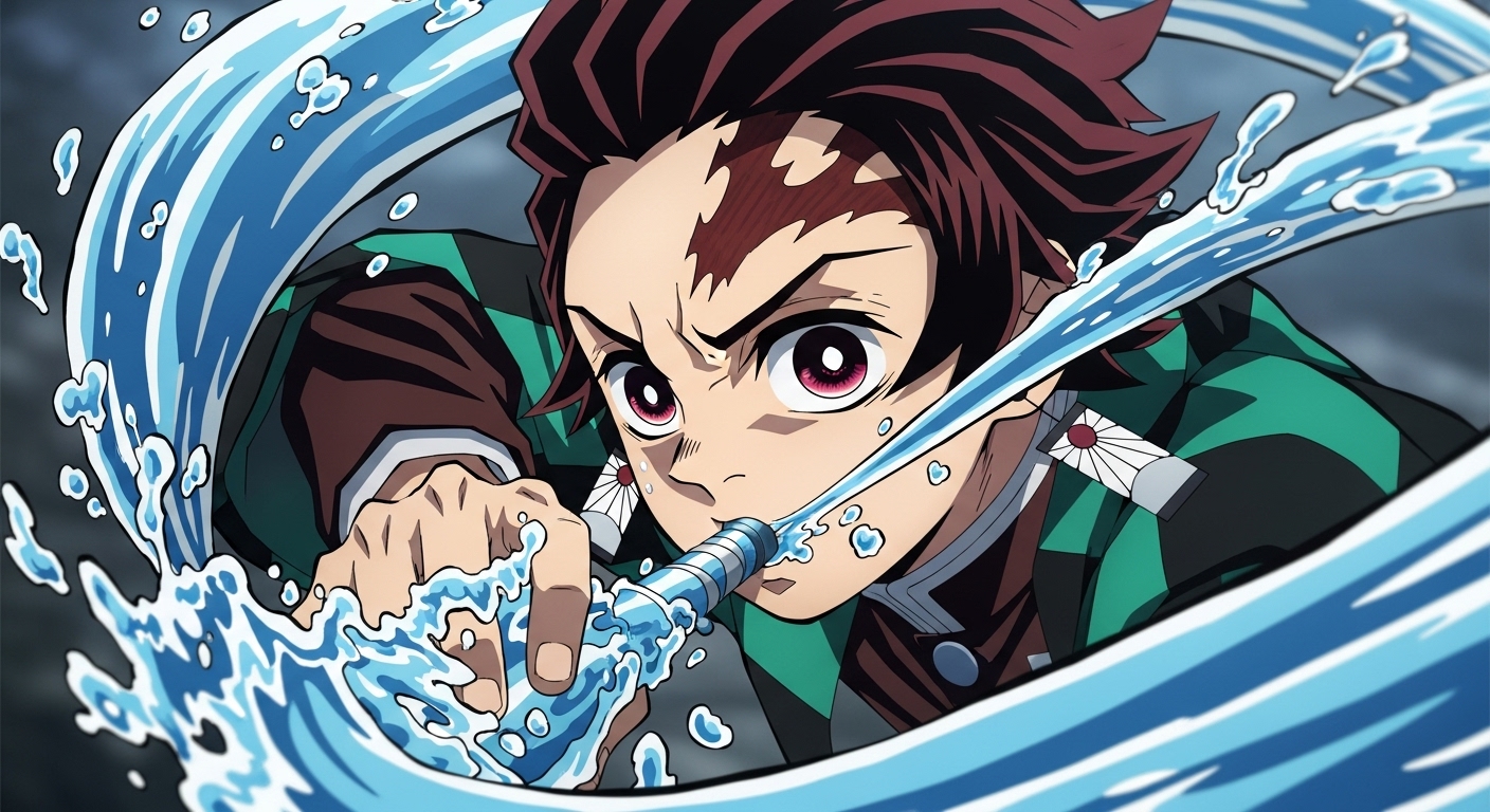 귀멸의 칼날 주인공 탄지로가 물의 호흡 기술을 사용하는 역동적인 장면. 화려한 물 효과와 강렬한 색감이 영화의 뛰어난 작화와 액션을 보여준다.