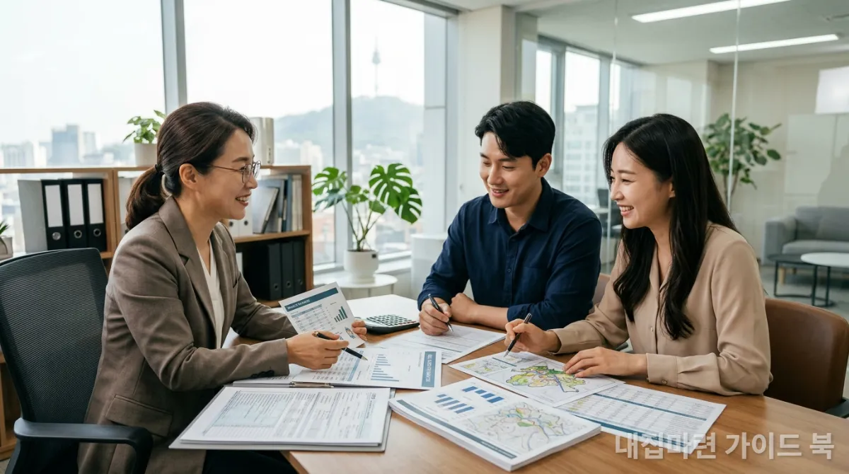 세금 관련 서류를 상담하는 한국인 부부와 세무사