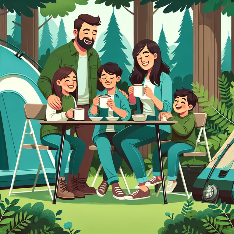 부모가 자녀와 함께 숲속에서 간편하게 캠핑을 즐기는 모습의 사진