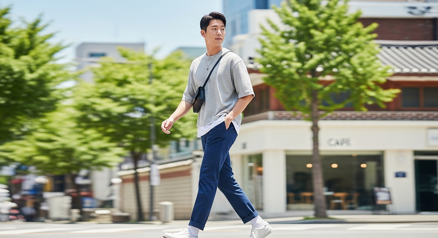 그레이 상의와 네이비 팬츠를 매치한 감각적인 여름 남성 컬러 레이어드 스타일