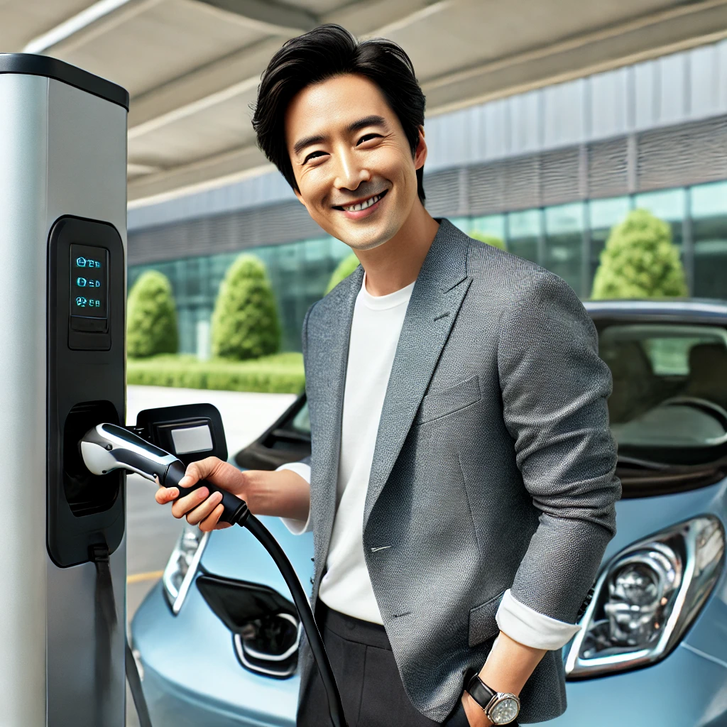 중년 신사의 전기차 충전 이미지