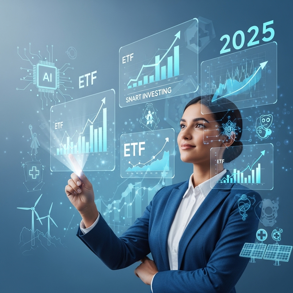 2025년 ETF 시장 트렌드를 분석하며 자신감 있게 투자하는 초보 투자자의 모습