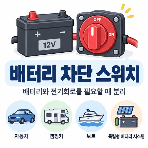 배터리 차단 스위치와 자동차 배터리, ON OFF 손잡이를 함께 보여주는 이미지
