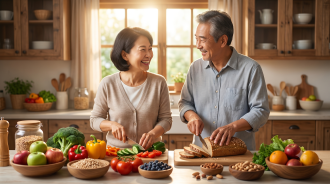 중년 부부가 주방에서 신선한 채소와 통곡물 빵으로 혈당 스파이크 예방을 위한 건강 식단을 준비하며 환하게 웃고 있는 모습.