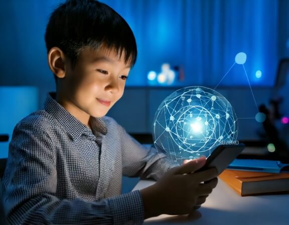 핸드폰으로 과학영상을 보고 있는 아이