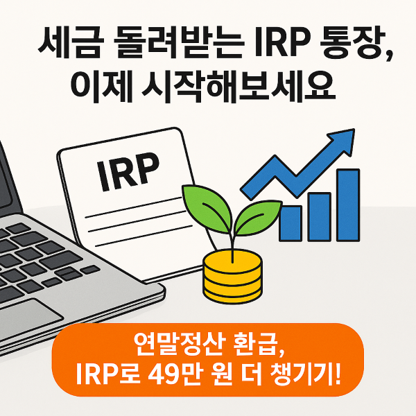 “세액공제 혜택을 설명하는 IRP 계좌 광고 – 절세 그래프와 성장하는 자산 이미지가 포함된 디지털 일러스트”