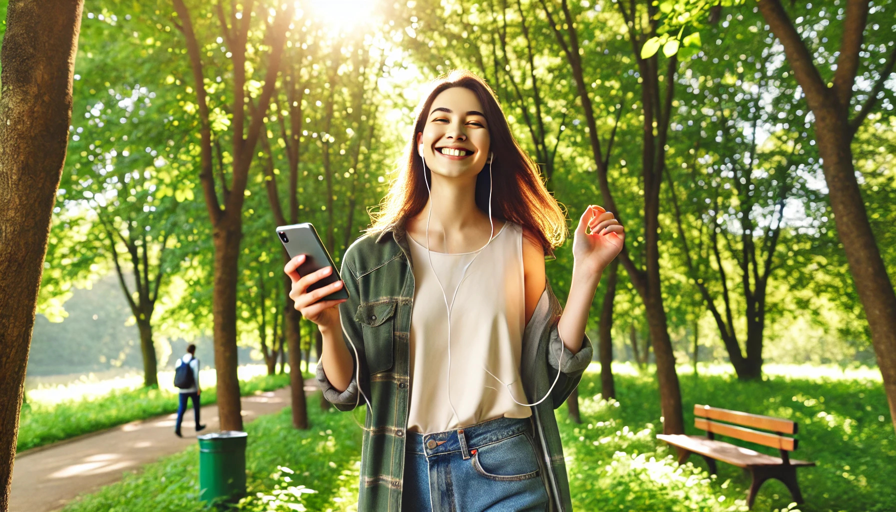 공원에서 스마트폰 없이 산책하며 행복한 표정을 짓는 모습