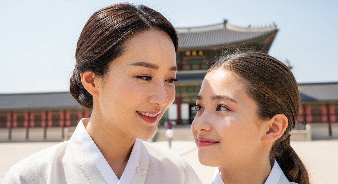 An emotional scene of a mother and child in beautiful hanbok, smiling lovingly at each other with the magnificent Geunjeongjeon Hall in the background on a sunny day.